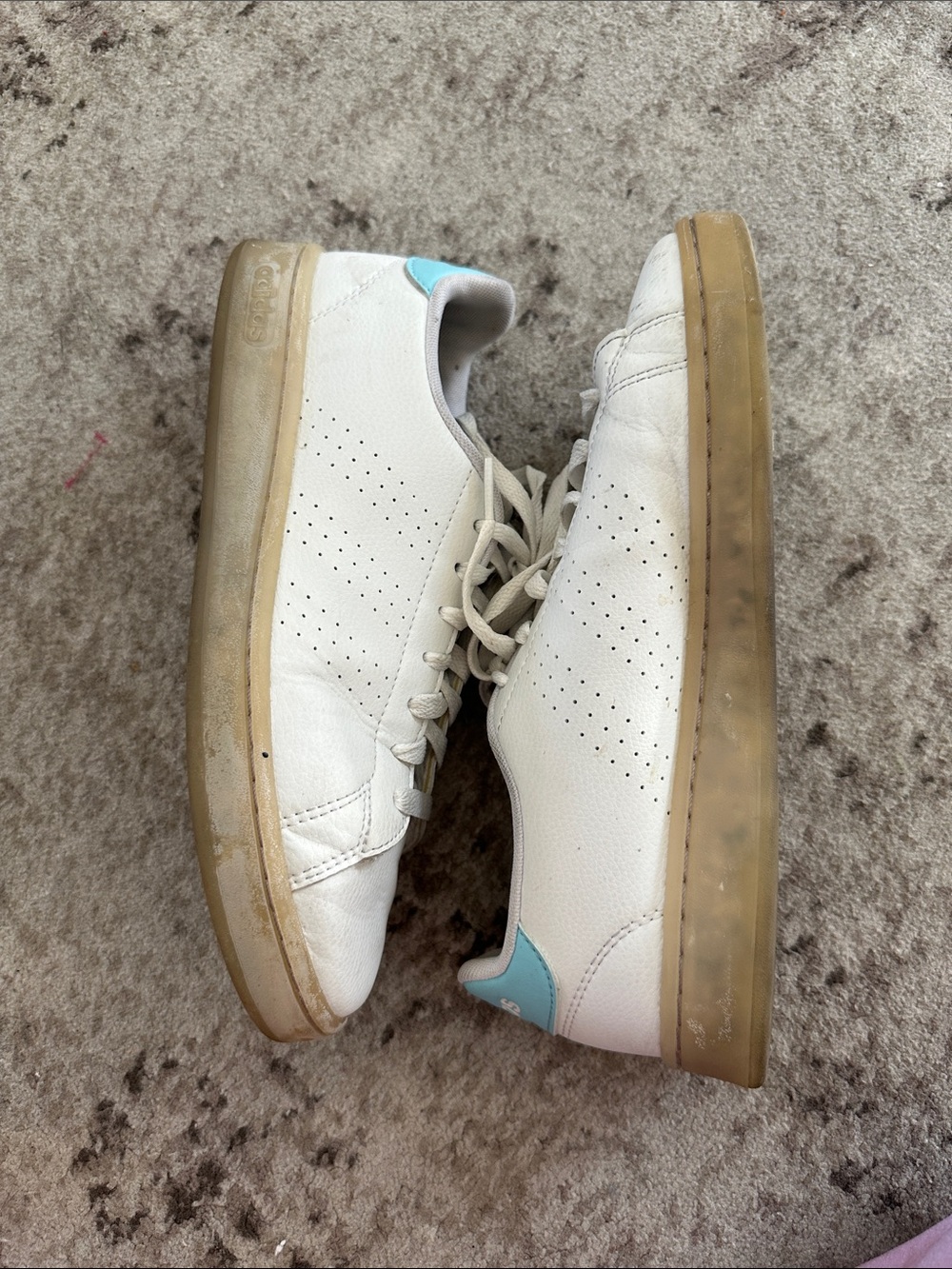 Women’s White Leather Adidas Sneakers with Light Blue Heel Accent size 8.5